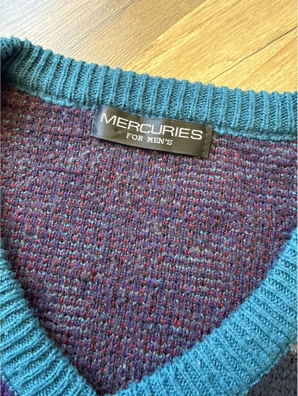 Mercuries Geometric Knit Sweater Men's Large Blue Abstract Vintage 90s Pullover